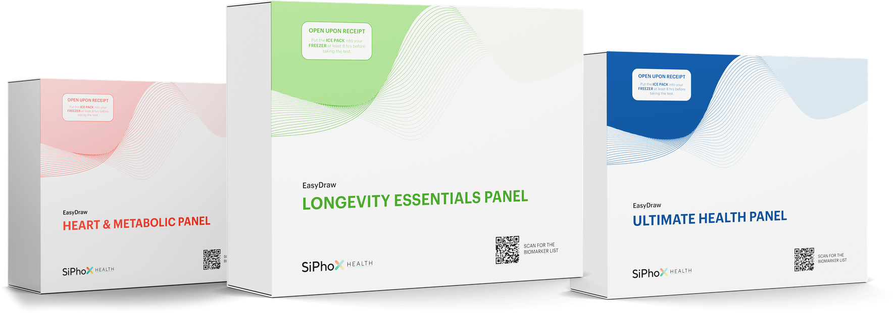 Three SiPhox EasyDraw kit boxes: Heart and Metabolic Panel, Longevity Essentials Panel, and Ultimate Health Panel